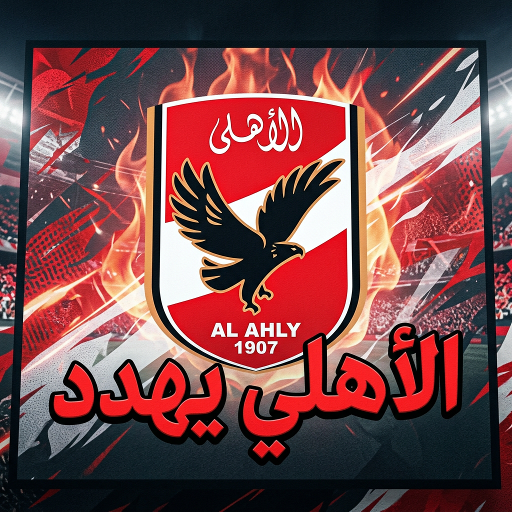 Al Ahly football club logo with a black eagle, red and white shield, and Arabic text saying Al Ahly threatens