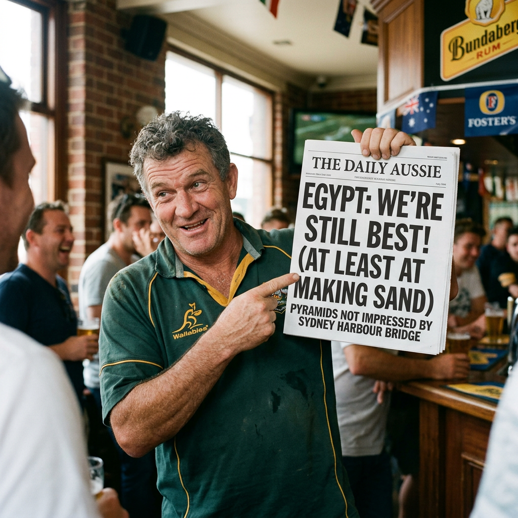 Man in green sports shirt holding newspaper with headline about Egypt and Sydney Harbour Bridge